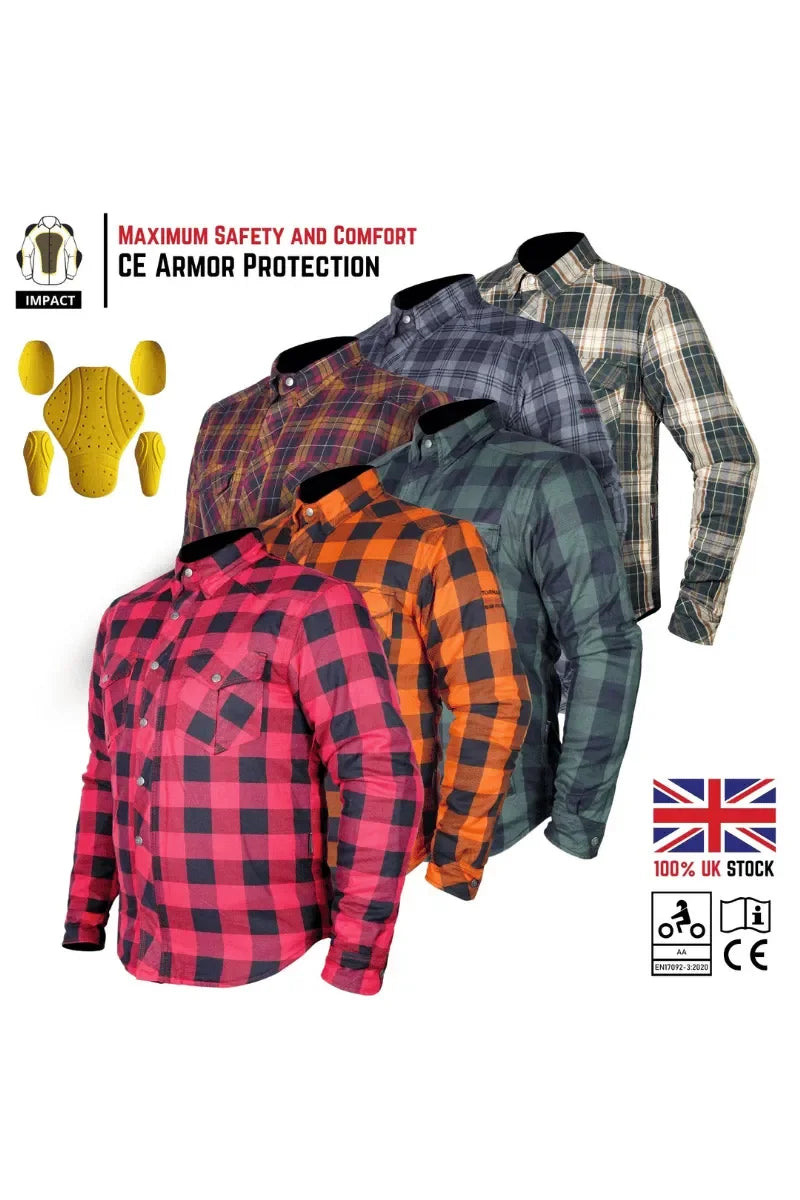 Men’s armored flannel motorcycle riding shirts with CE protection in multiple colors from Tornado Moto UK.