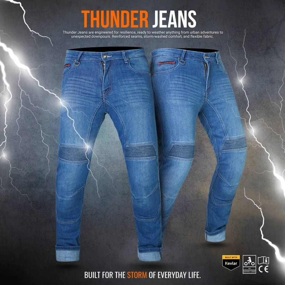 Armoured motorcycle jeans designed for riders in the UK, offering enhanced protection with Kevlar reinforcement and armors