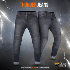 Side view of men's armoured motorcycle jeans with Kevlar lining and reinforced stitching for added protection