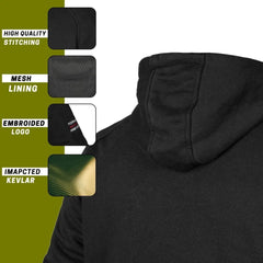 Black hoodie with text highlighting features like high-quality stitching, mesh lining, embroidered logo, and impacted Kevlar on a green background.