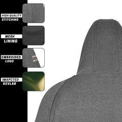 Back close-up of men’s motorcycle fleece hoodie in grey with Kevlar, mesh lining, and logo from Tornado Moto UK.