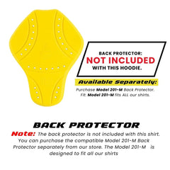 Yellow motorbike back protector with notice stating not included with Tornado Moto men’s Kevlar hoodie, available separately.