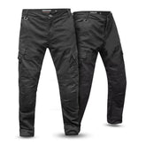 Men’s black Kevlar motorcycle jeans in cargo style, shown from front and back with reinforced armour panels — protective and durable motorbike riding jeans