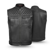 Black leather vest with quilted design on a white background