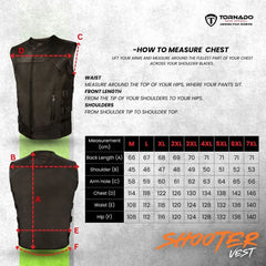 Measurement chart for a shooter vest with black vest and text instructions on a gray background.