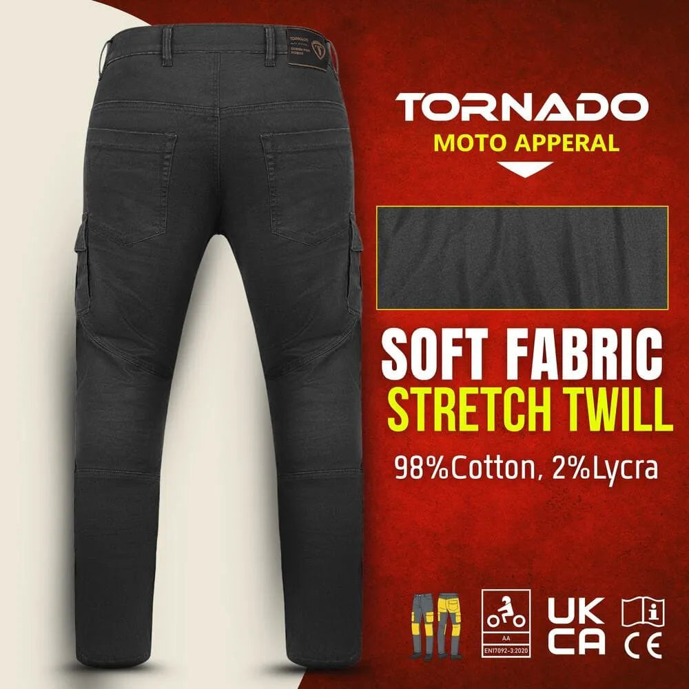 Black motorcycle jeans with Tornado Moto Apperal branding on a red and beige background