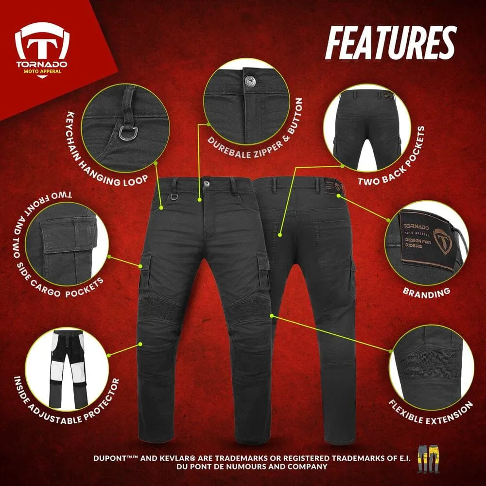 Black motorcycle jeans with features highlighted on a red background, featuring Tornado Moto Apparel logo.