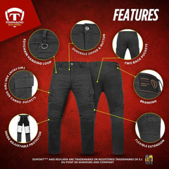 Black motorcycle jeans with features highlighted on a red background, featuring Tornado Moto Apparel logo.