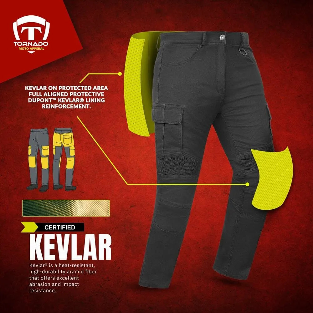 Black motorcycle jeans with yellow protective inserts on a red background, featuring Tornado brand logo.