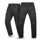 Black motorcycle jeans on a white background