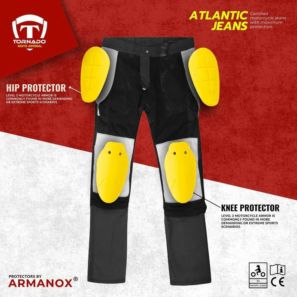 Black motorcycle jeans with yellow knee and hip protectors on a red and white background, featuring Tornado and Armanox branding.
