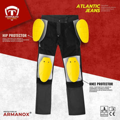 Black motorcycle jeans with yellow knee and hip protectors on a red and white background, featuring Tornado and Armanox branding.