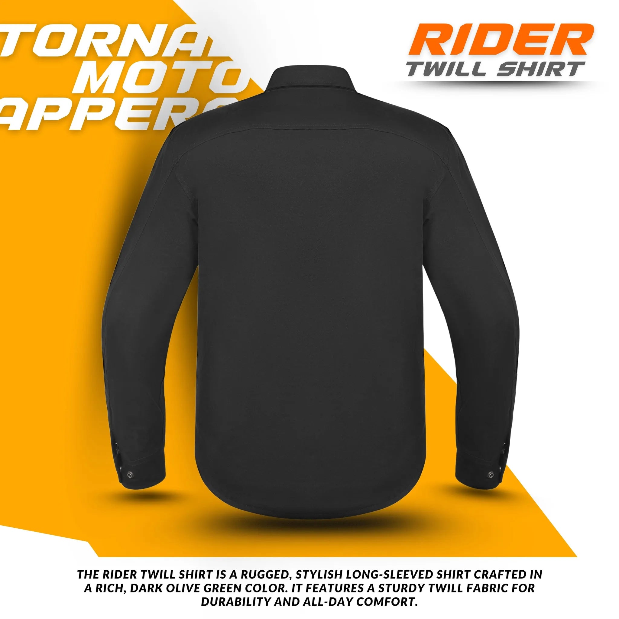 Back view of black Kevlar motorcycle shirt with CE protective armour and reinforced stitching, durable twill riding shirt by Tornado Moto