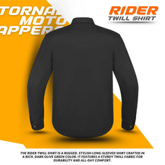 Back view of black Kevlar motorcycle shirt with CE protective armour and reinforced stitching, durable twill riding shirt by Tornado Moto