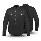 Front and back view of black Kevlar motorcycle shirt with CE protective armour and button closure by Tornado Moto