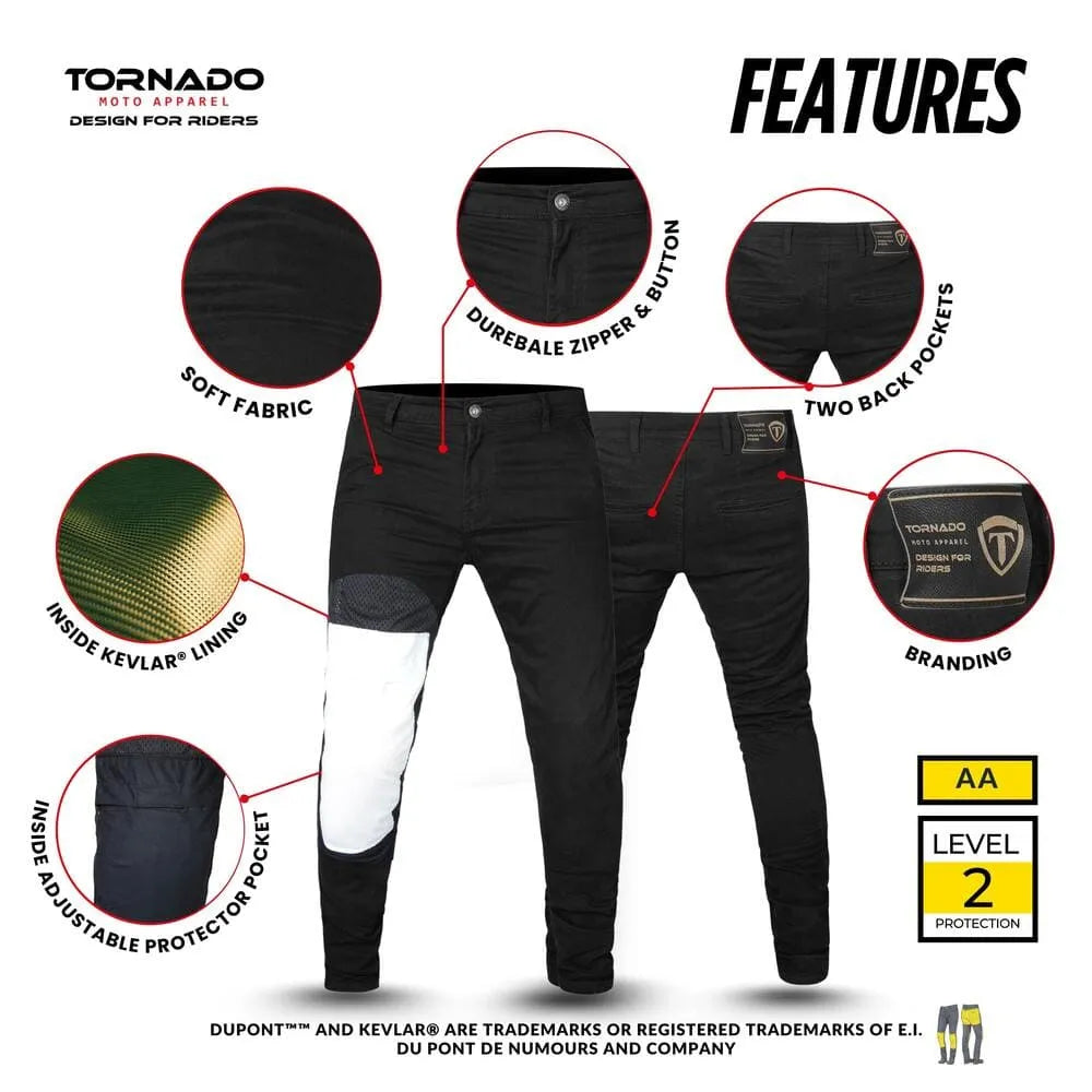 Black motorcycle jeans with features highlighted on a white background, branded as Tornado Roto Apparel.
