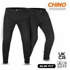 Black motorcycle jeans with 'Chino' branding on a white background