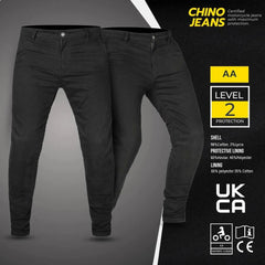 Black motorcycle jeans with Chino Jeans branding and certification details on a gray background