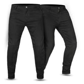 Black motorcycle jeans displayed from two angles on a white background