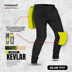 Black motorcycle pants with yellow Kevlar patches on a gray background, featuring Tornado Roto Apparel branding.