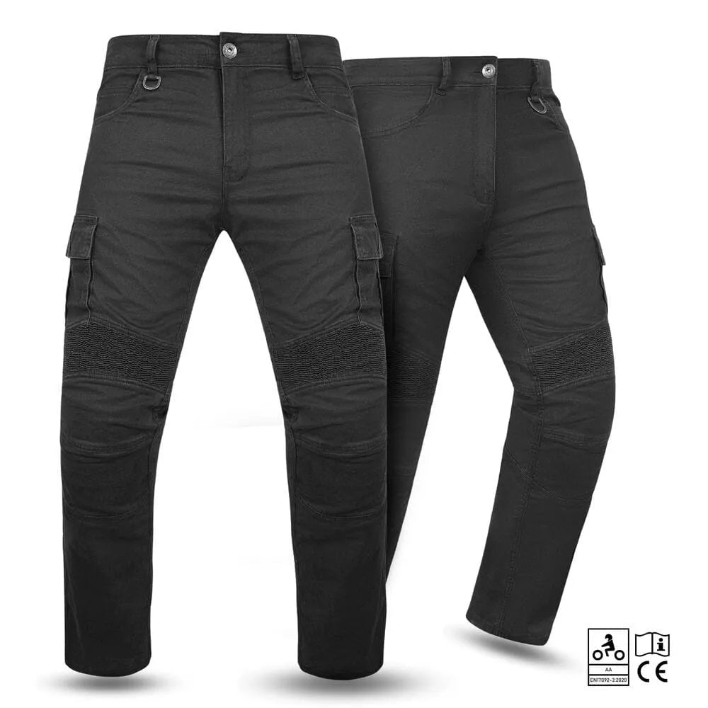 Black motorcycle jeans with multiple pockets and straps on a white background