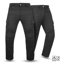 Black motorcycle jeans with multiple pockets and straps on a white background