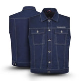 Blue denim vest with 'Tornado' branding on a white background