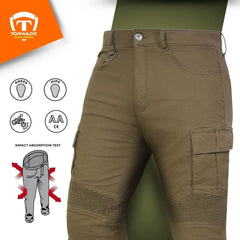 brown motorcycle jeans with protective features on a green background, featuring the Tornado brand logo.