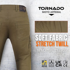 brown motorcycle jeans with Tornado Moto Apparel branding and fabric information on a gray background