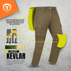 brown motorcycle jeans with knee pads and Kevlar reinforcement on a gray background, featuring Tornado防护装备 logo.