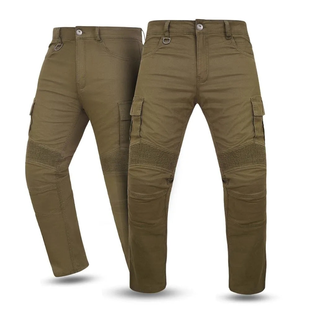 Pair of brown motorcycle jeans on a white background