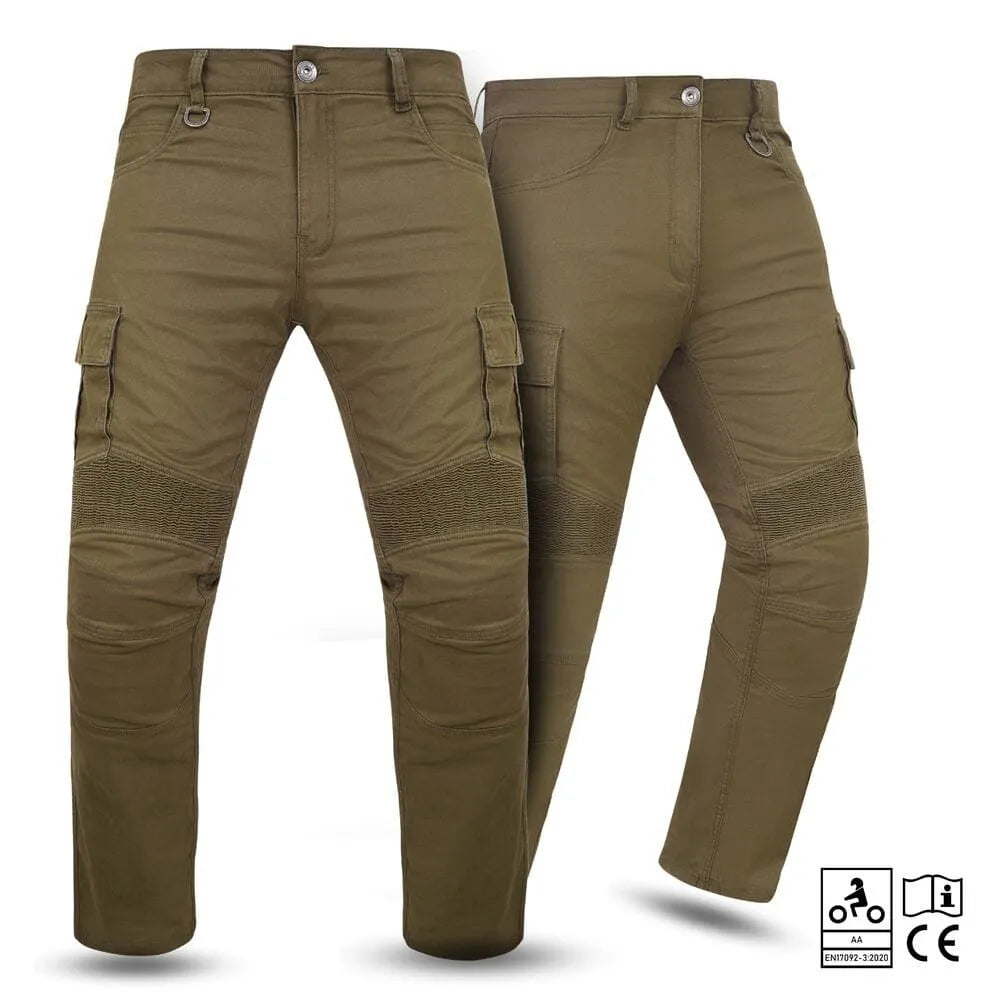 Pair of brown motorcycle jeans on a white background