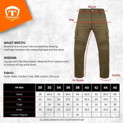 Measurement guide for brown cargo pants with Tornado brand logo on an orange triangle.