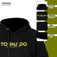 Black hoodie with yellow 'Tornado' branding, showing features on a green and white background.
