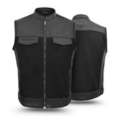 Black and gray motorcycle vest with brand logo on a white background