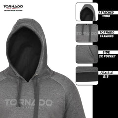 Close-up of Tornado Moto men's grey motorcycle fleece hoodie with Kevlar, hood, branding, and pockets.