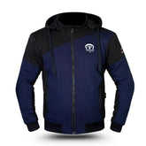 Blue and black motorcycle hoodie with a logo on a white background