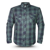 Men’s green and black checkered motorcycle protective shirt with CE armor pockets – front view.