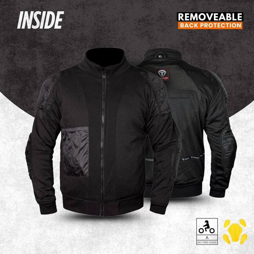 motorcycle hoodie with removeable back protection feature on a gray background