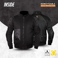 motorcycle hoodie with removeable back protection feature on a gray background