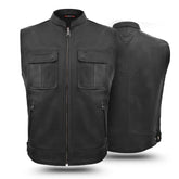 Black leather vest shown from front and back on a white background