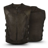 Brown leather motorcycle vest shown from front and back on a white background