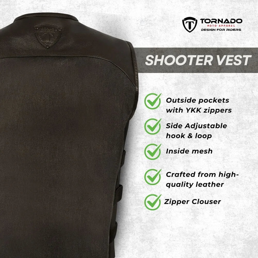 Black leather shooter vest with Tornado brand logo and feature list on a white background