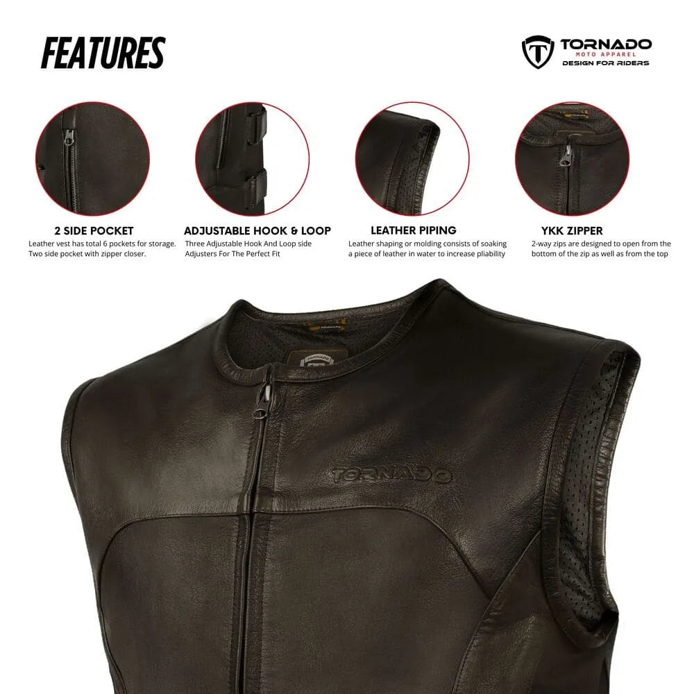 Black leather vest with Tornado branding, featuring features like side pockets, adjustable hook & loop, leather piping, and YKK zipper.