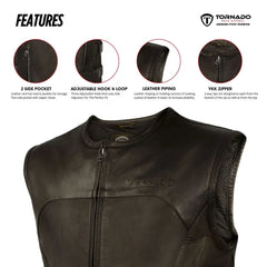 Black leather vest with Tornado branding, featuring features like side pockets, adjustable hook & loop, leather piping, and YKK zipper.