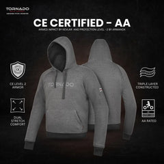 Tornado Moto men's grey motorbike fleece hoodie, CE certified AA, triple-layer, protective gear