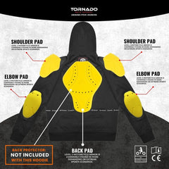 Black men’s motorbike hoodie with Kevlar zones, showing yellow CE shoulder, elbow, and back pads.