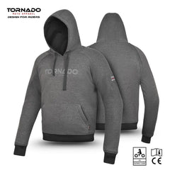 Men’s grey motorbike fleece hoodie with Kevlar, removable armour, and Tornado Moto branding.