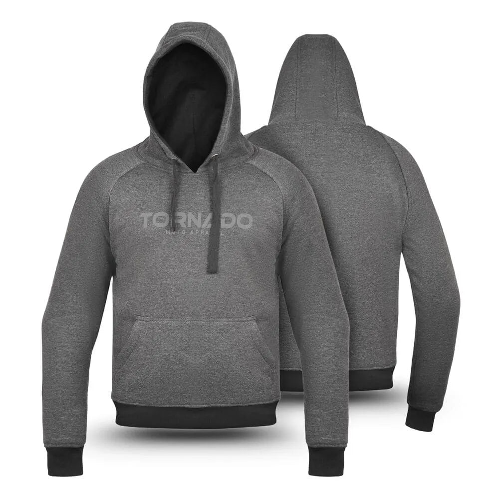 Grey men's motorbike fleece hoodie with hood, front pocket, and Tornado Moto logo, shown front and back.