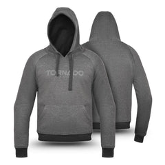 Grey men's motorbike fleece hoodie with hood, front pocket, and Tornado Moto logo, shown front and back.